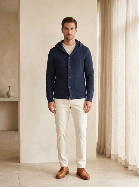 Men's Hooded Wool Cardigan with Front Button