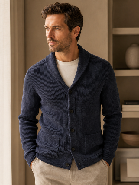 ZHILIFS Men's Shawl Collar Cardigan - Cable Knit Wool Blend Button Front