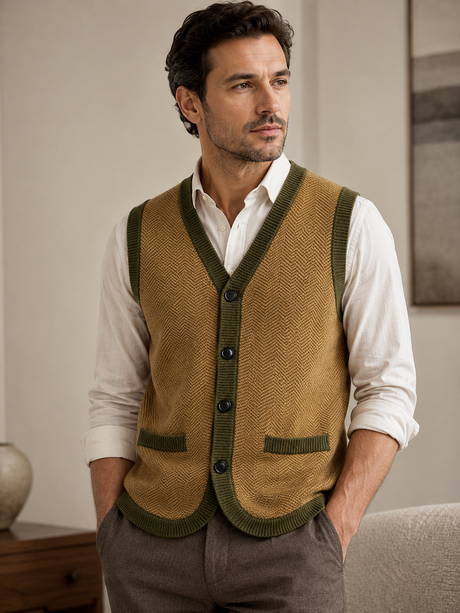 ZHILIFS Men's Wool Blend Button-Front Sweater Vest - V-Neck Herringbone Knit