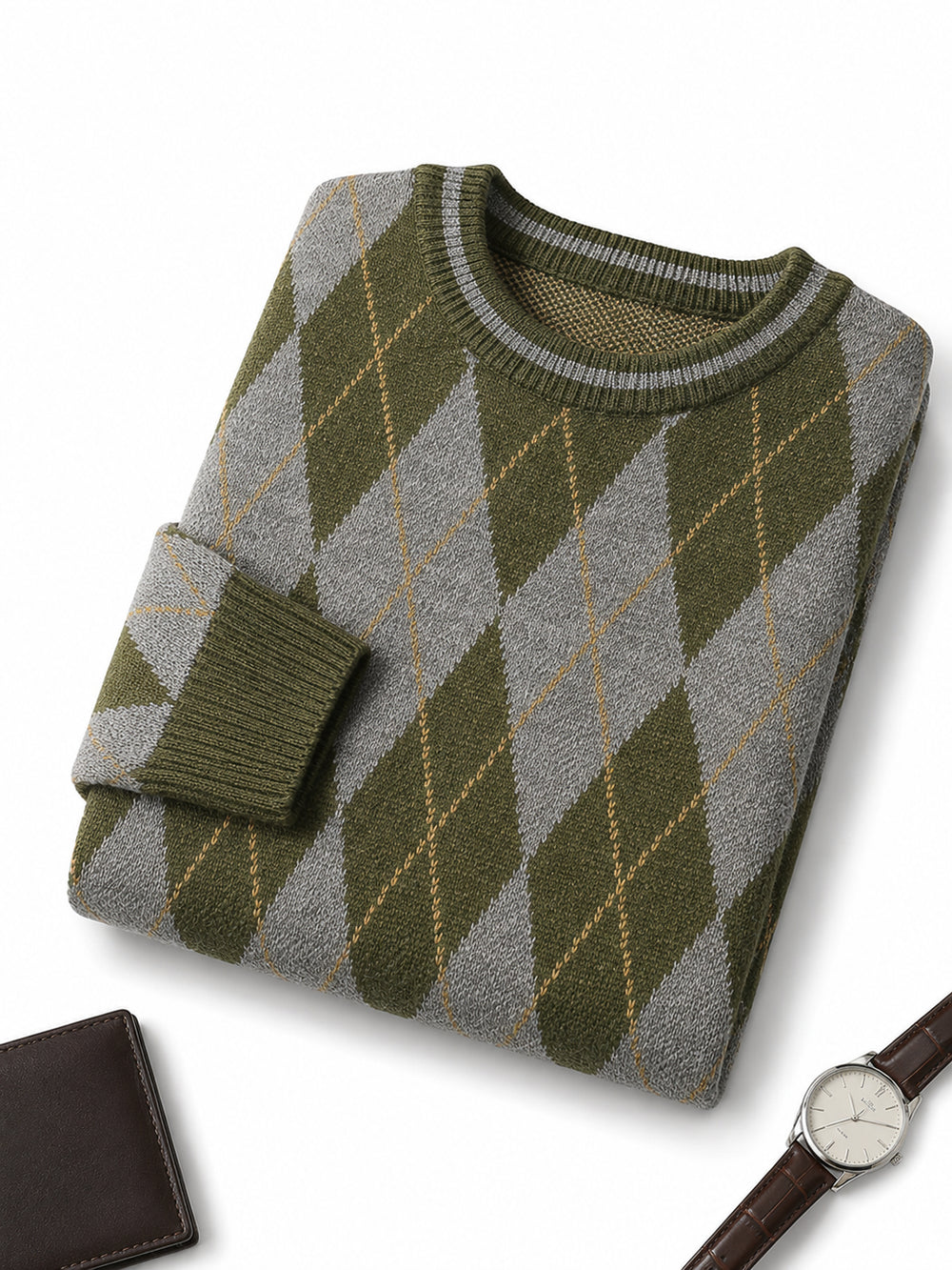 Checkered Crew Neck Sweater — Olive