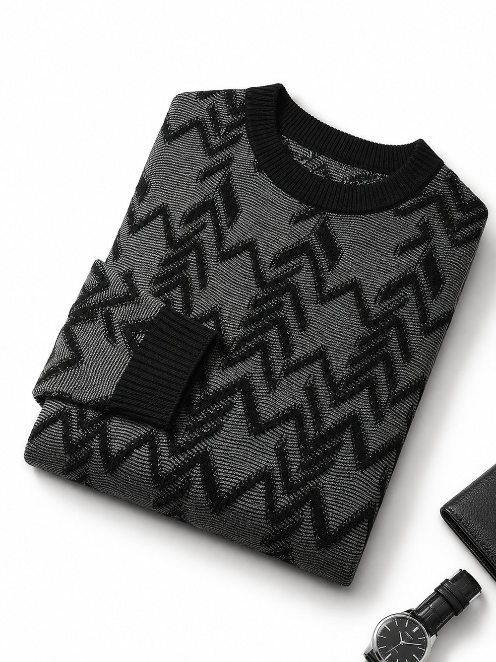 Diamond Knit Crew Neck Sweater — Black