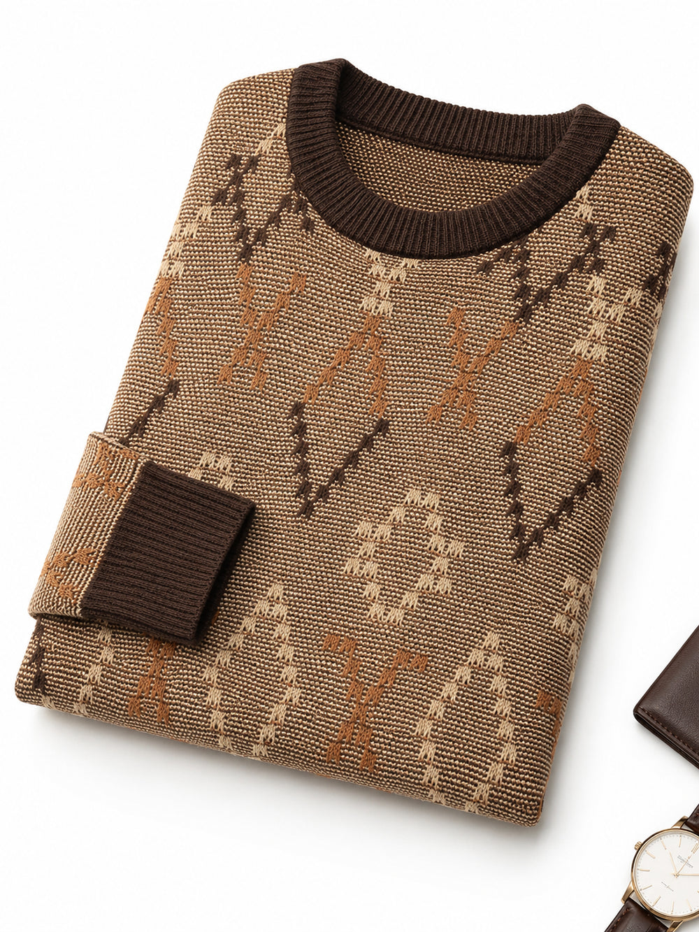 Diamond Pattern Crew Neck Sweater — Brown