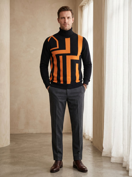 Geometric Pattern Turtleneck Cashmere Sweater