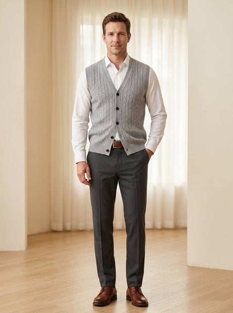 Cable Knit Button-Front Cashmere Vest