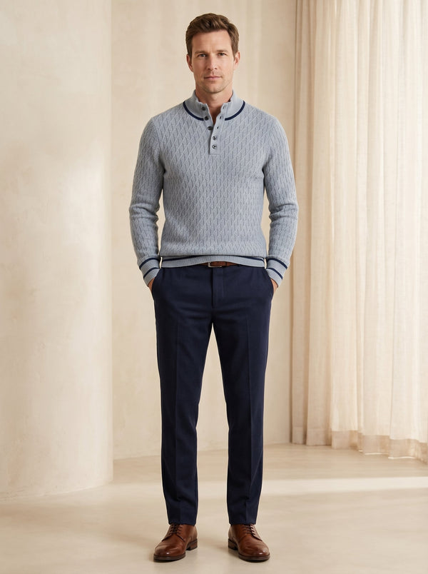 Henley Neck Cable Knit Cashmere Sweater