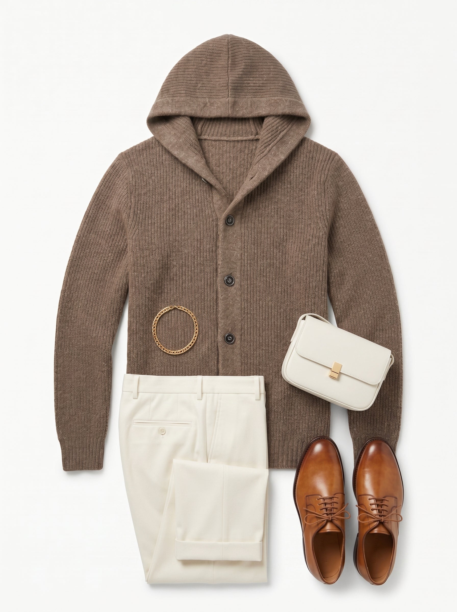 Men's Hooded Wool Cardigan with Front Button — Brown