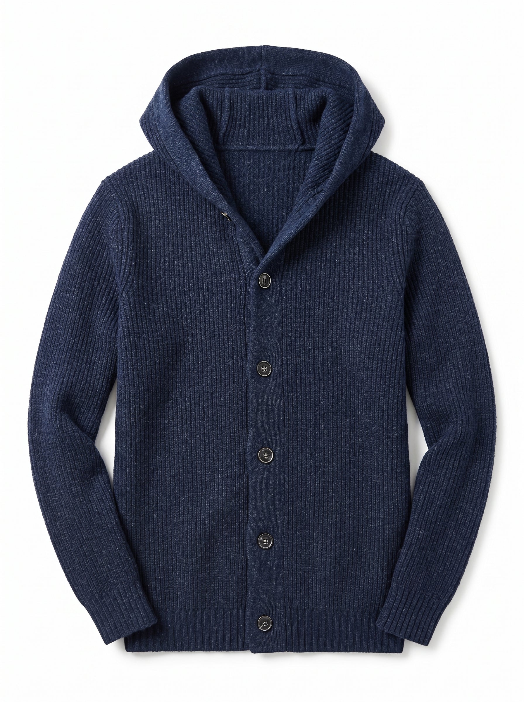 Men's Hooded Wool Cardigan with Front Button — Navy Blue