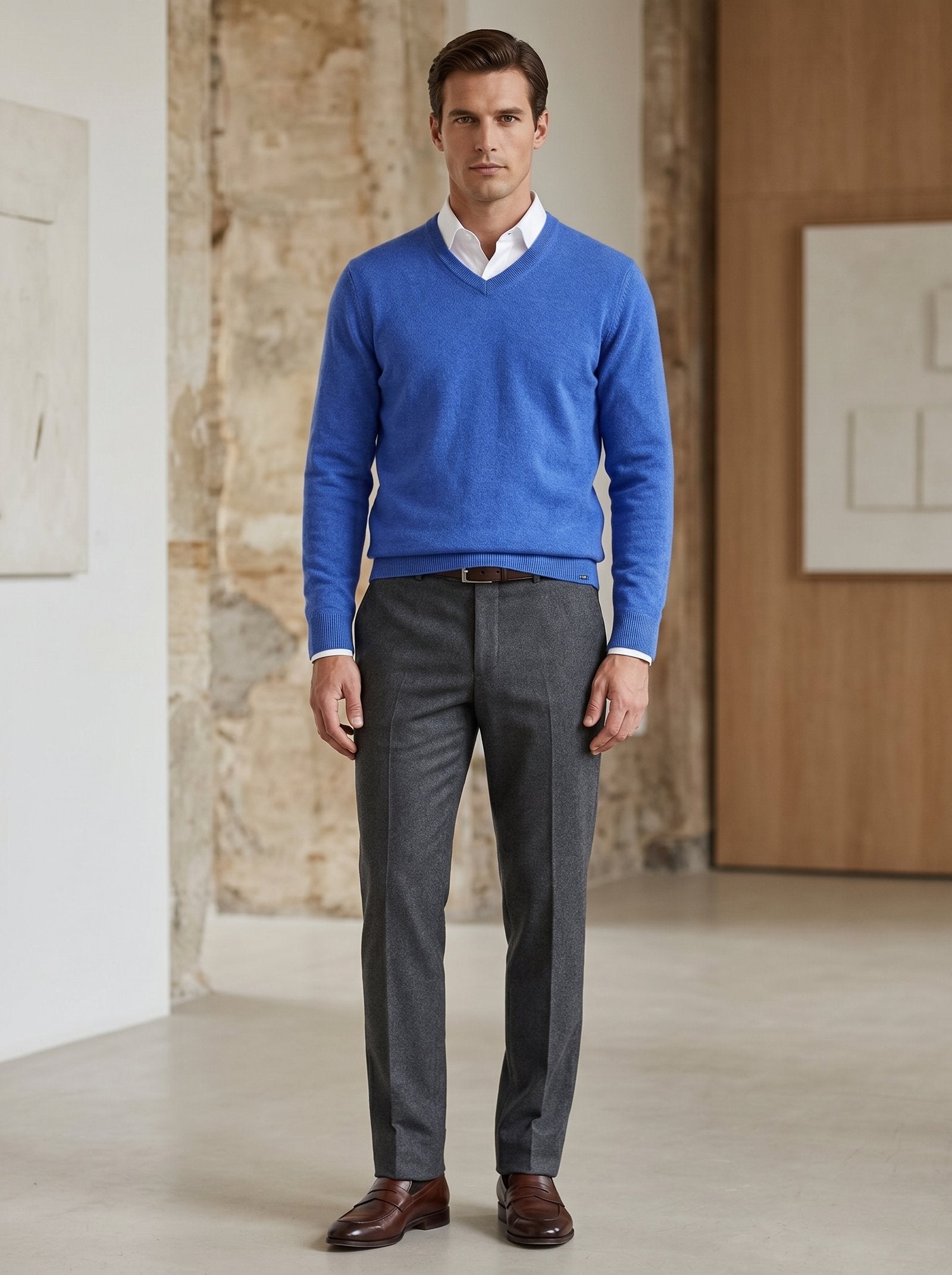 Men's V-Neck Cashmere Sweater — Blue