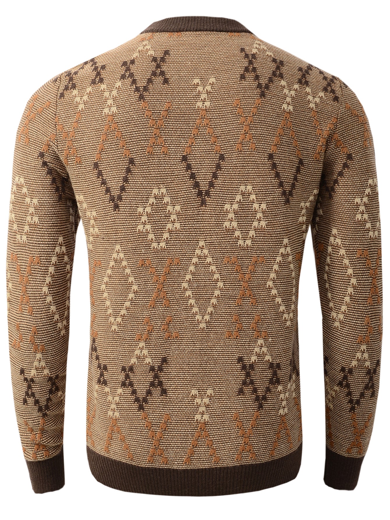 Men's long sleeved sweater with diamond pattern round neck knit sweater