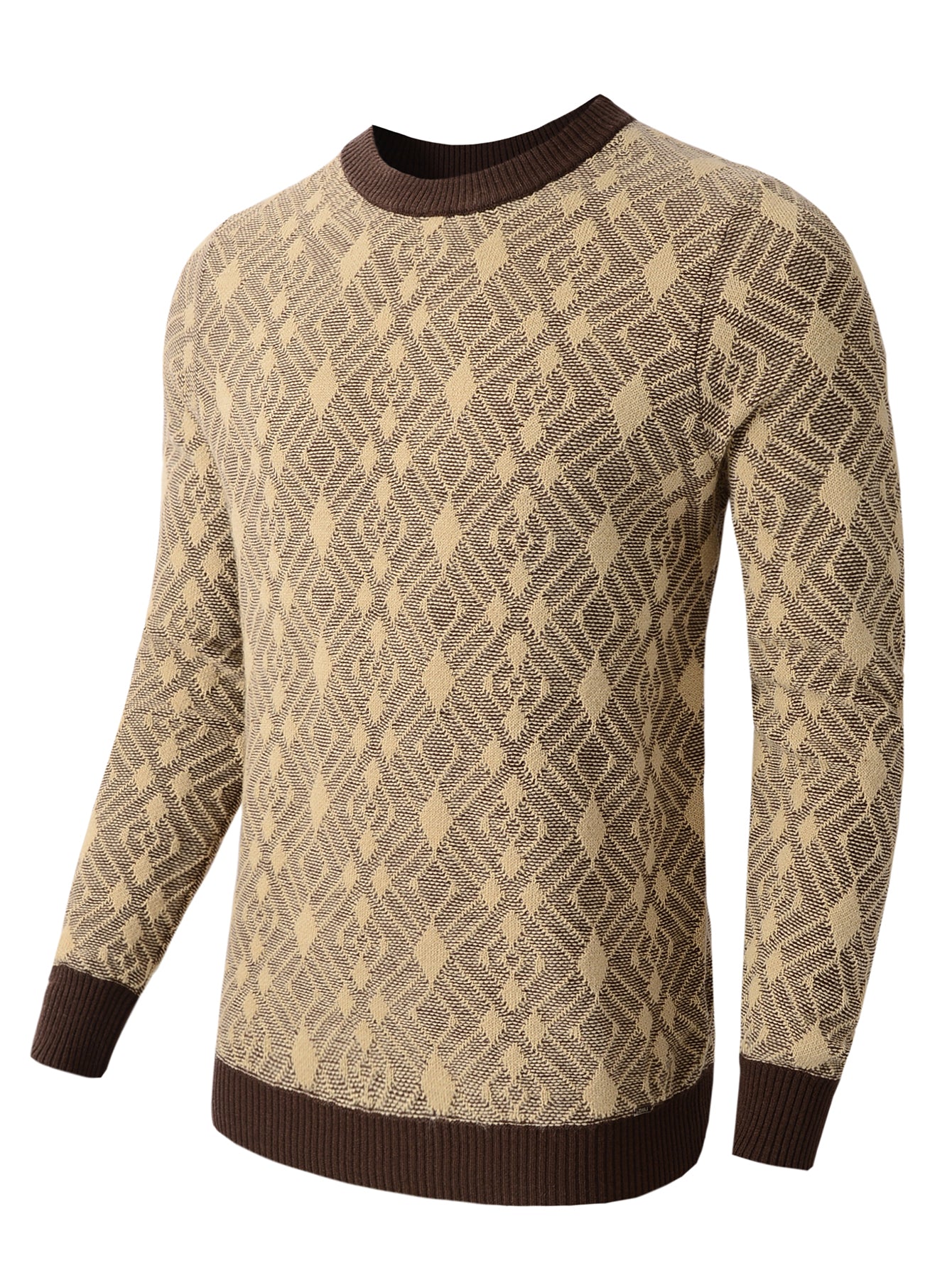 Men's long sleeved sweater with diamond square pattern round neck knit sweater