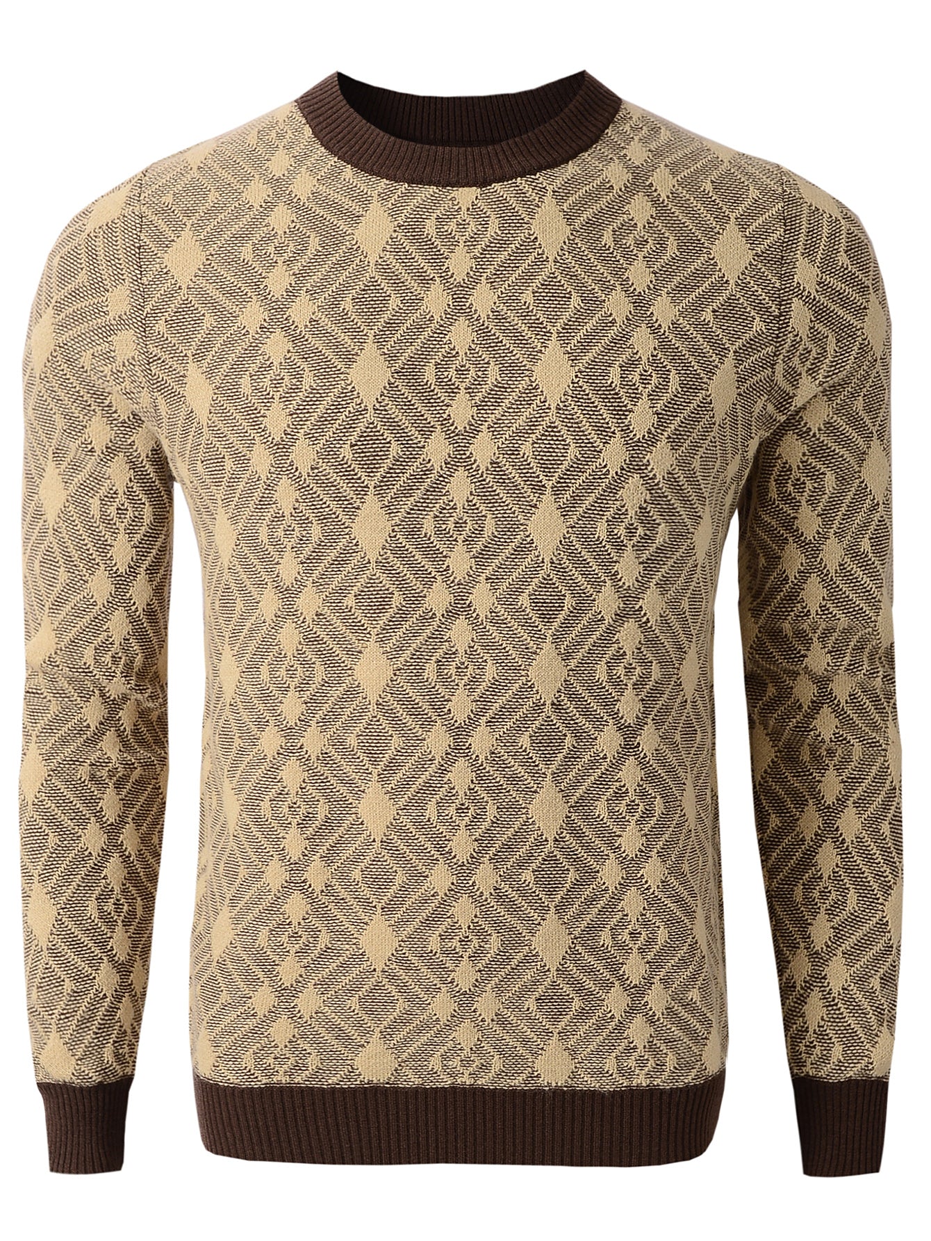 Men's long sleeved sweater with diamond square pattern round neck knit sweater