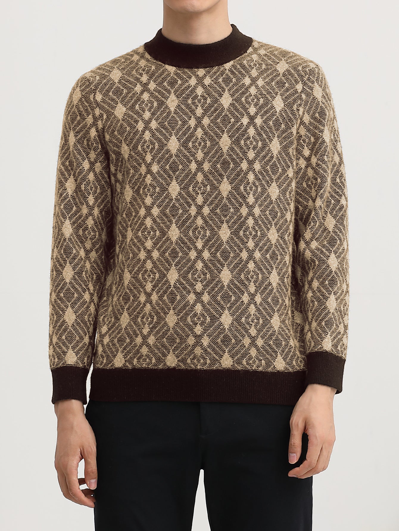 Diamond Check Crew Neck Sweater — Brown