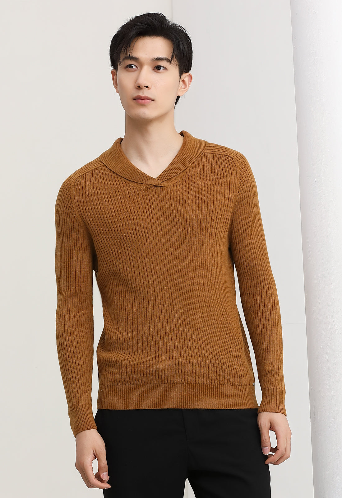 Shawl Collar Cable Knit Pullover — Brown