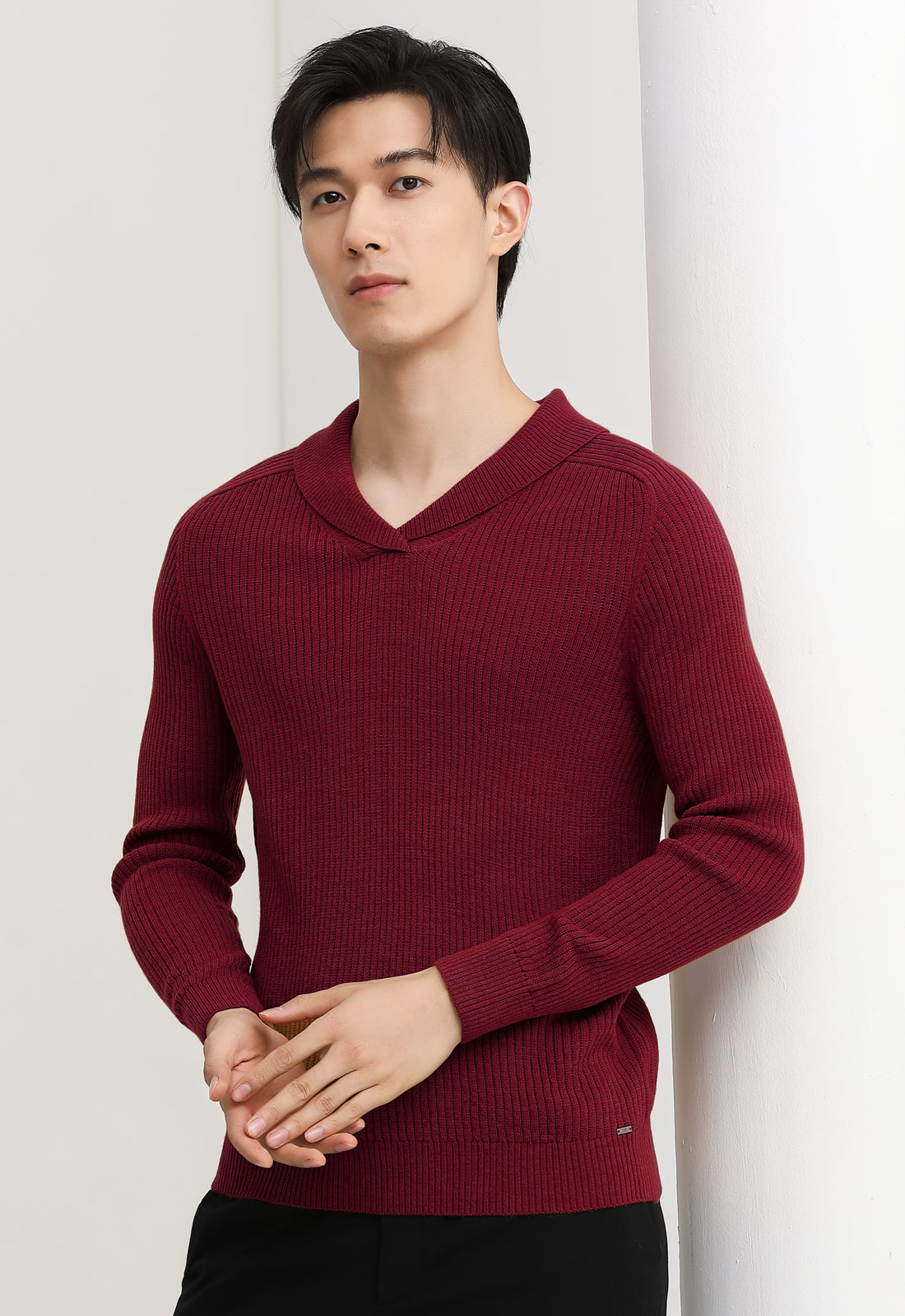 Shawl Collar Cable Knit Pullover — Crimson