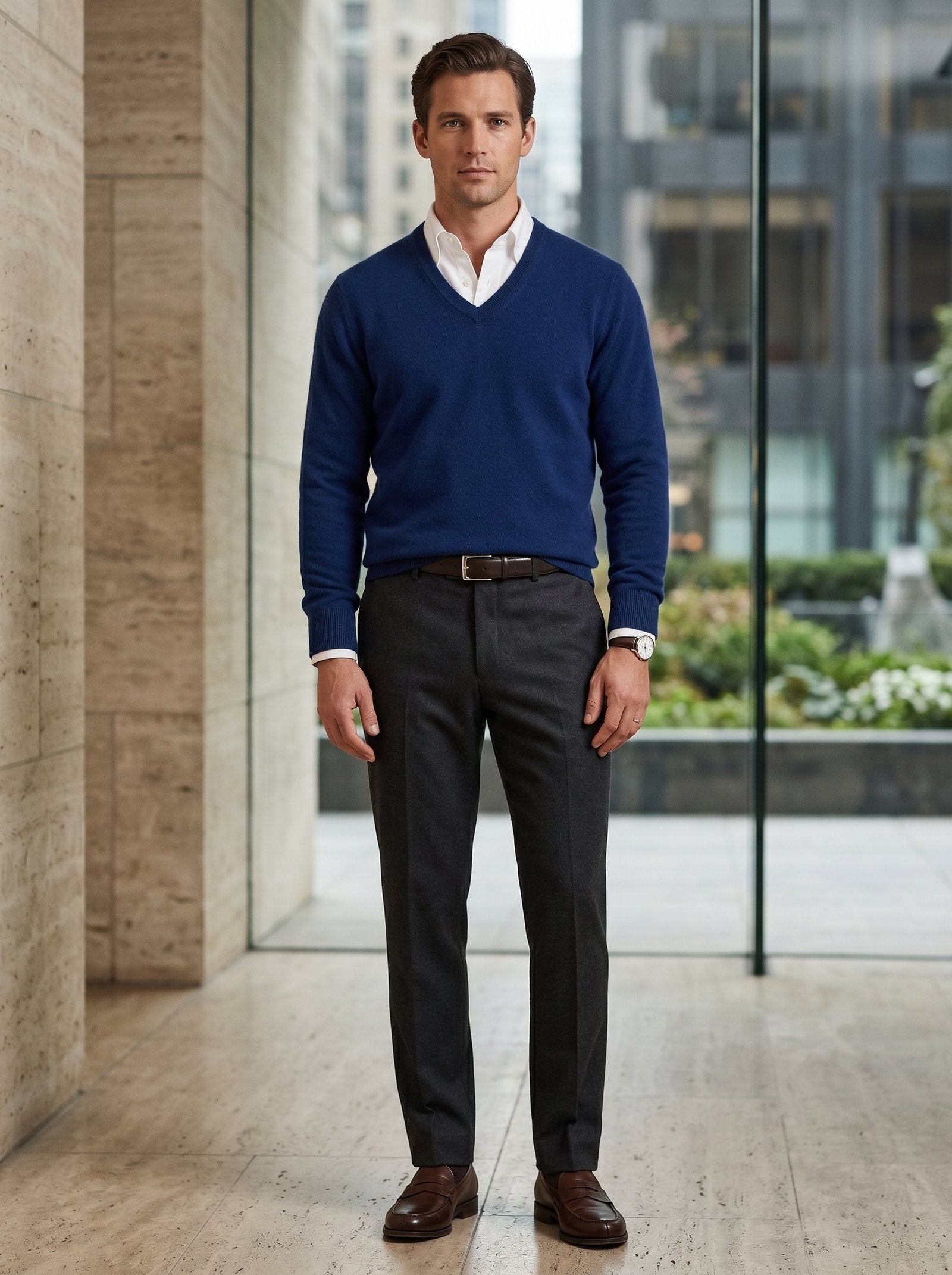 Men's V-Neck Cashmere Sweater — Dark Blue