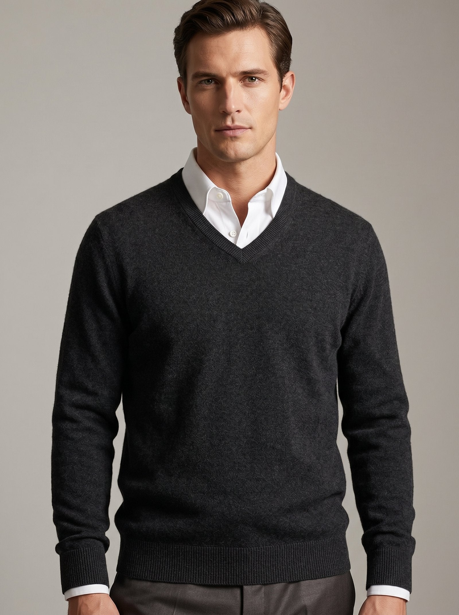Men's V-Neck Cashmere Sweater — Dark Grey