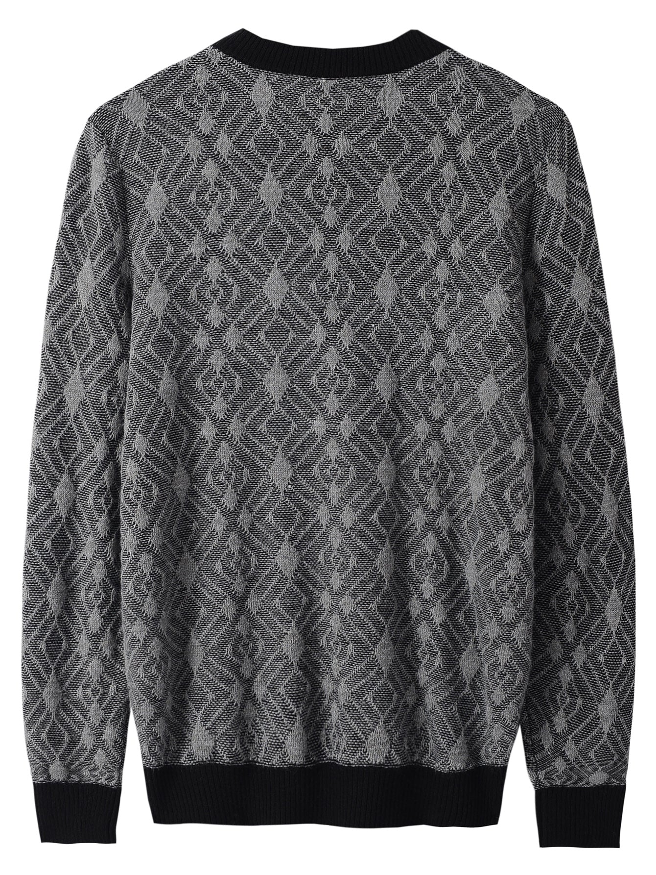 Men's long sleeved sweater with diamond square pattern round neck knit sweater