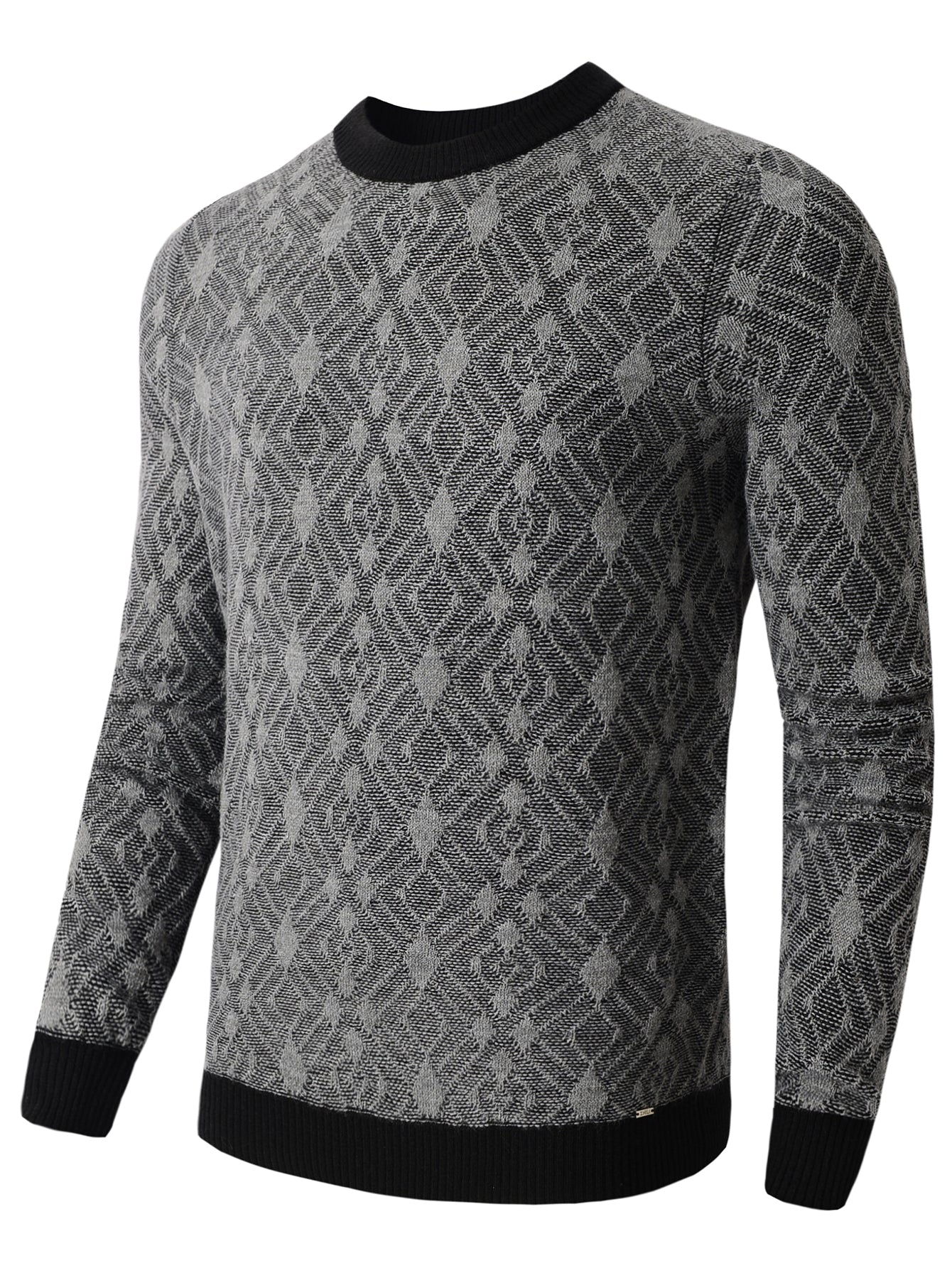 Men's long sleeved sweater with diamond square pattern round neck knit sweater