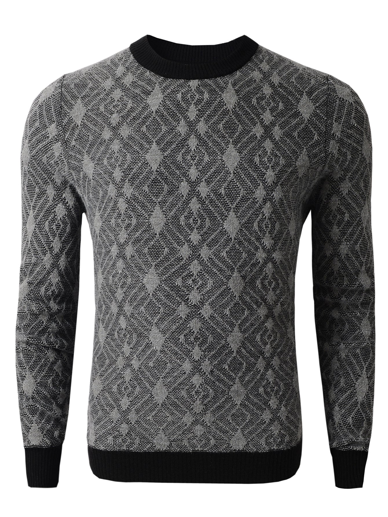 Men's long sleeved sweater with diamond square pattern round neck knit sweater