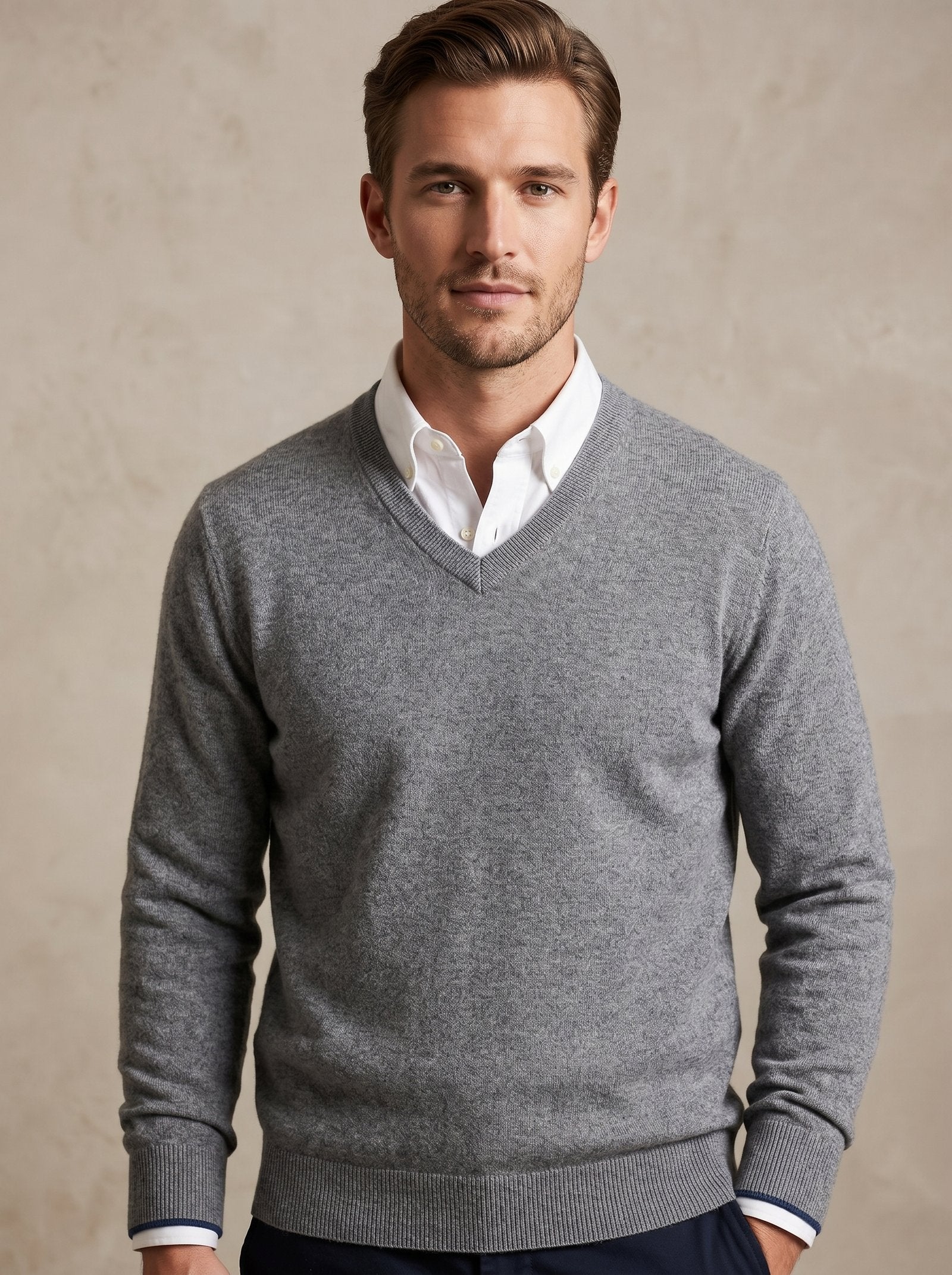Men's V-Neck Cashmere Sweater — Grey