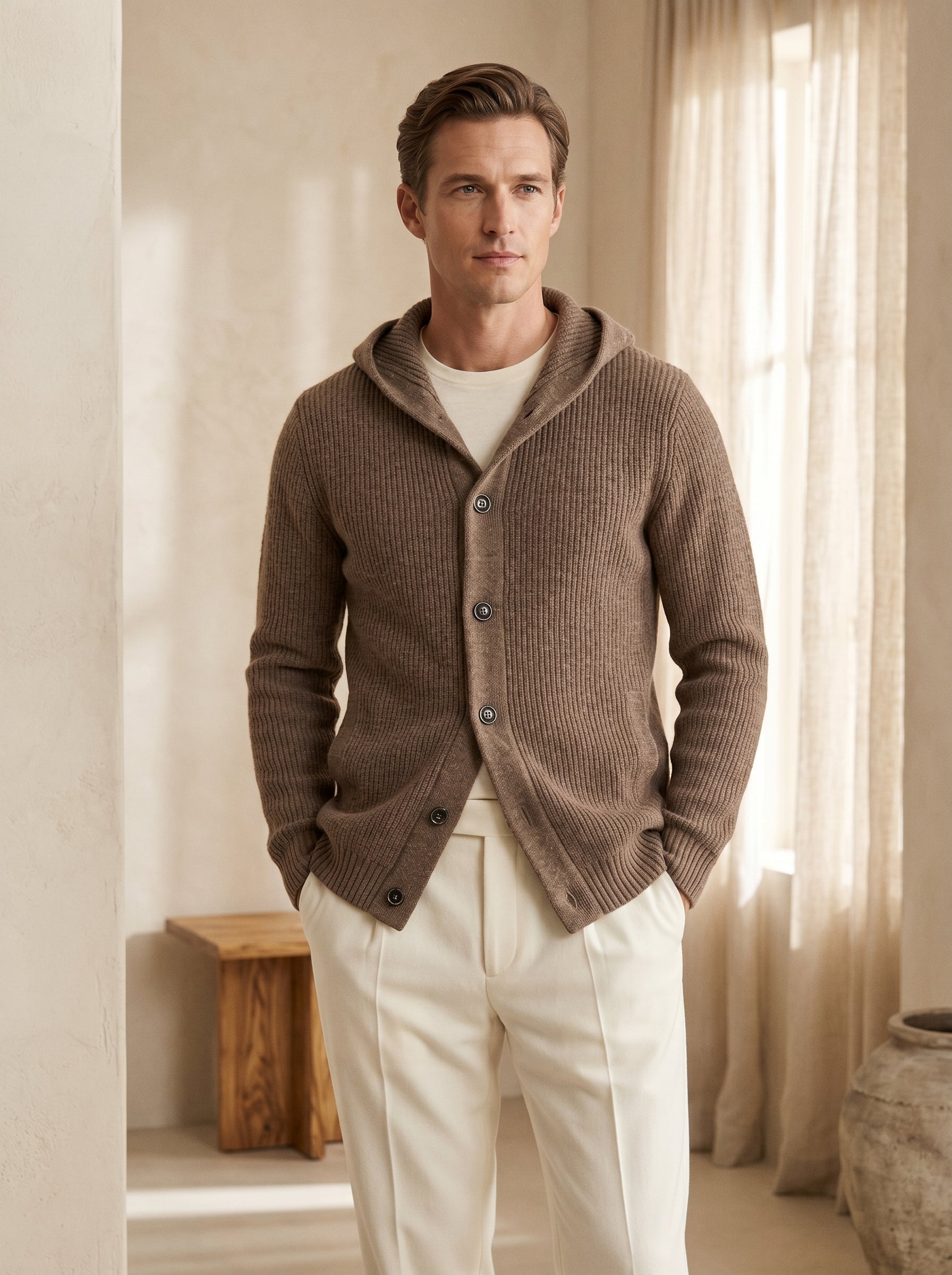 Men's Hooded Wool Cardigan with Front Button — Brown