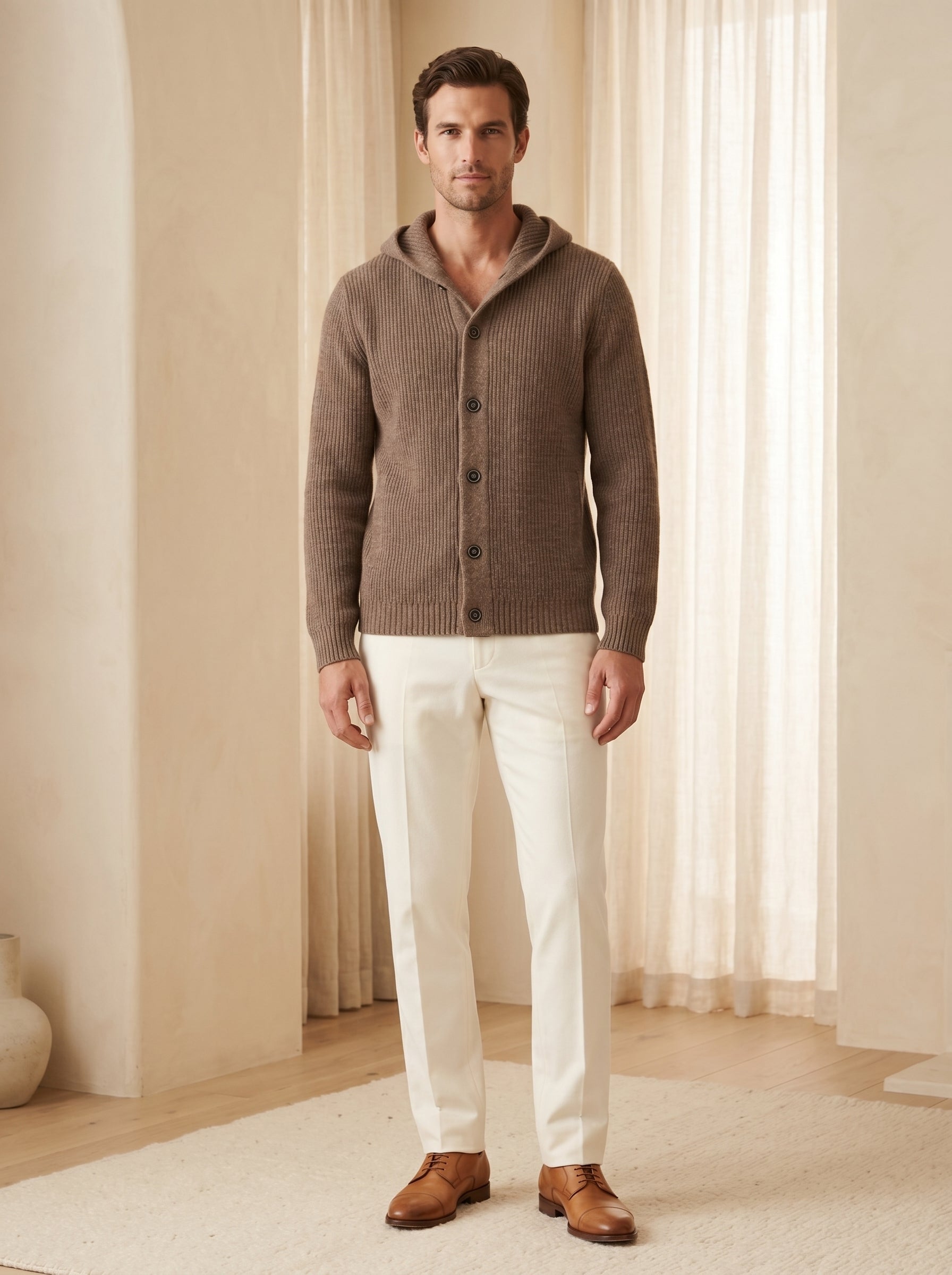 Men's Hooded Wool Cardigan with Front Button — Brown