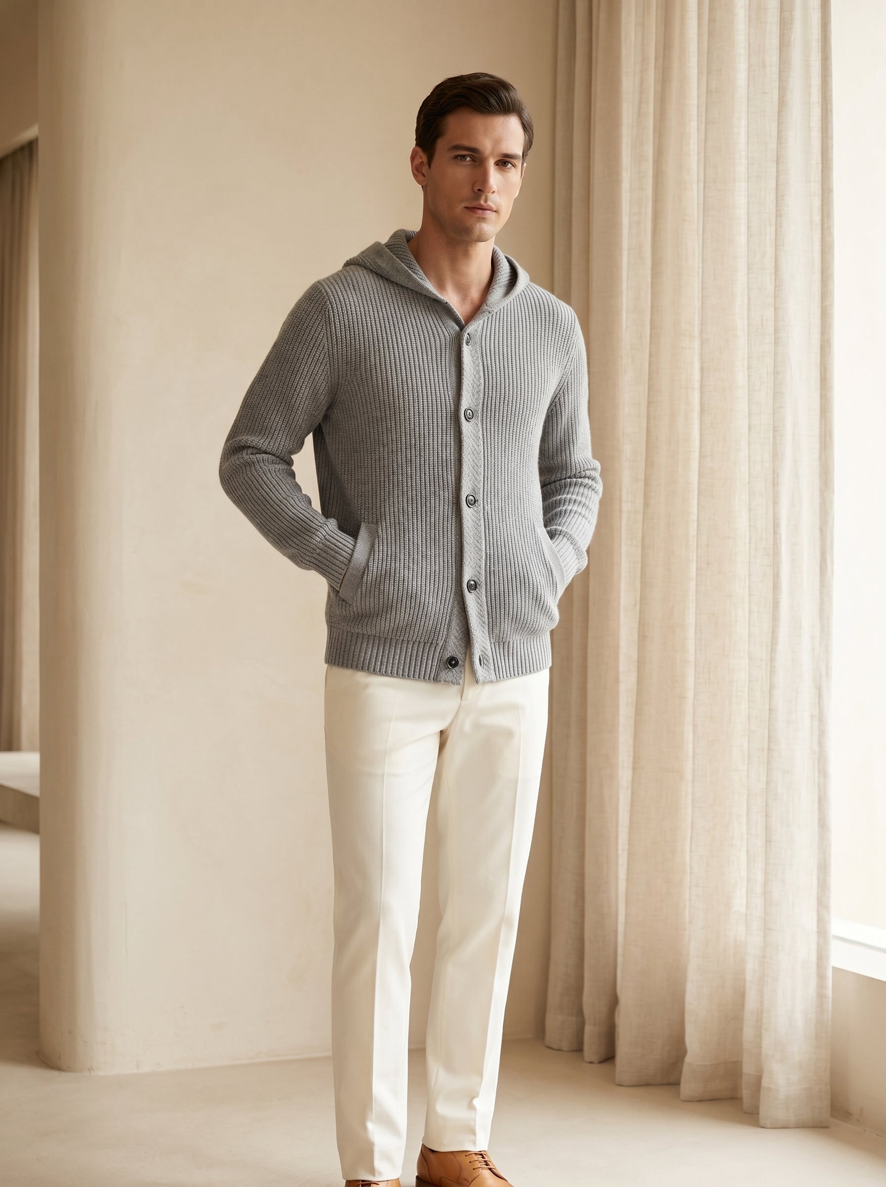 Men's Hooded Wool Cardigan with Front Button — Grey