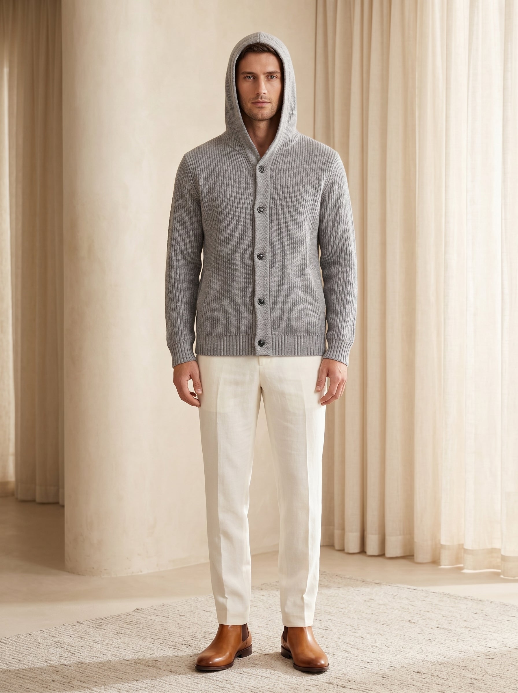 Men's Hooded Wool Cardigan with Front Button — Grey