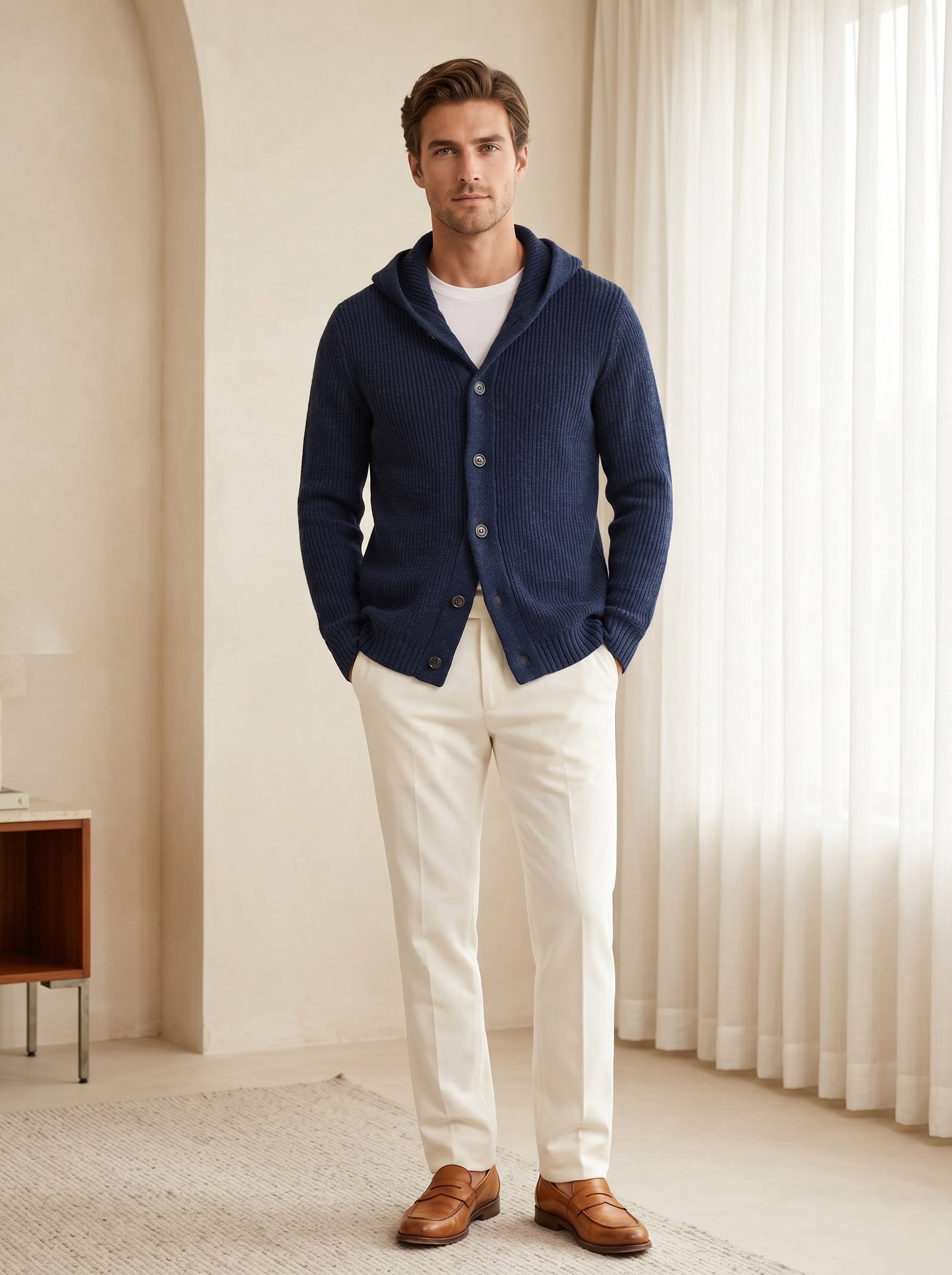 Men's Hooded Wool Cardigan with Front Button — Navy Blue