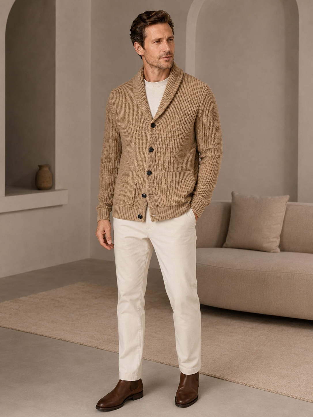 Shawl Collar Cardigan — Apricot