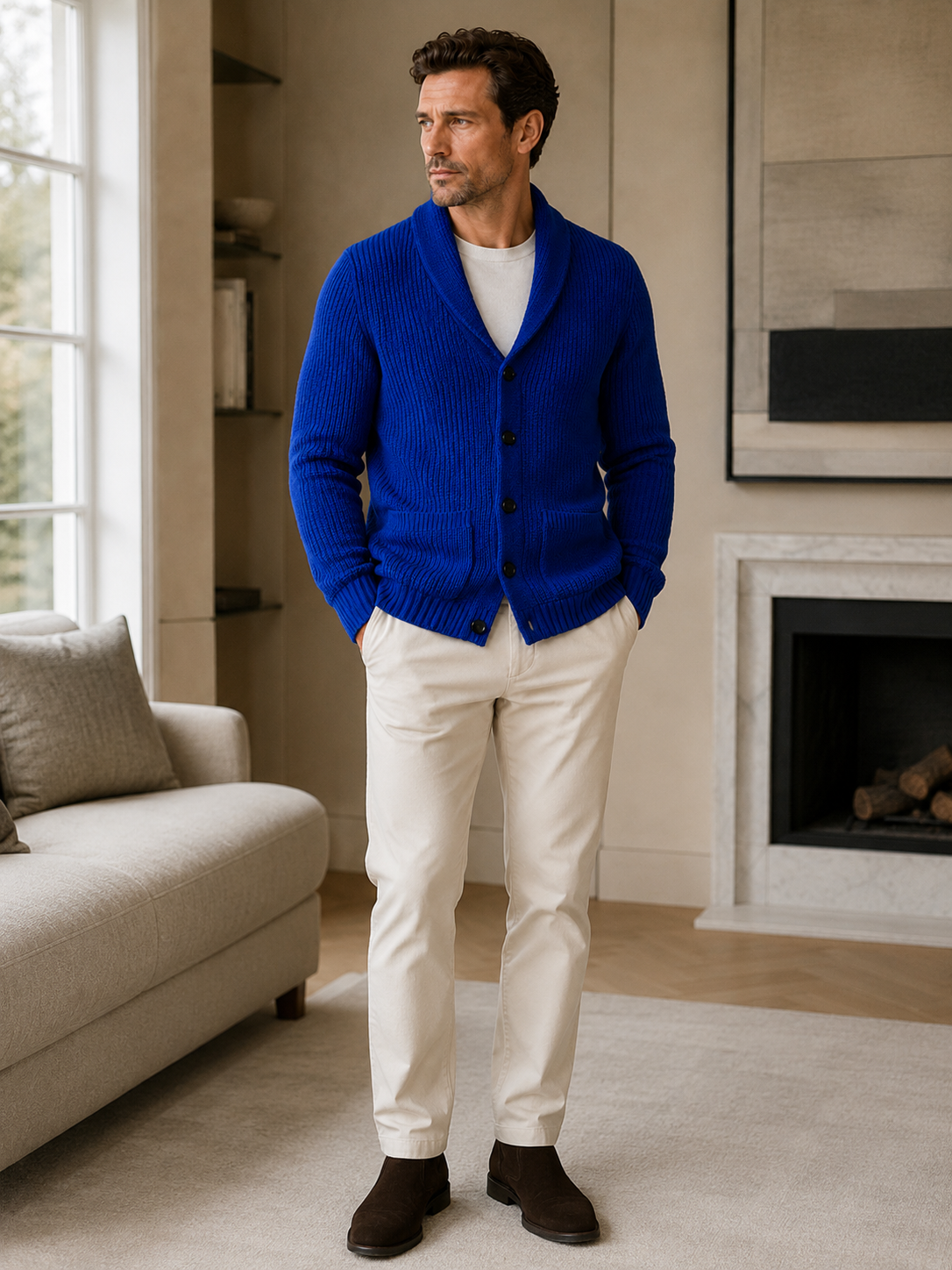 Shawl Collar Cardigan — Blue