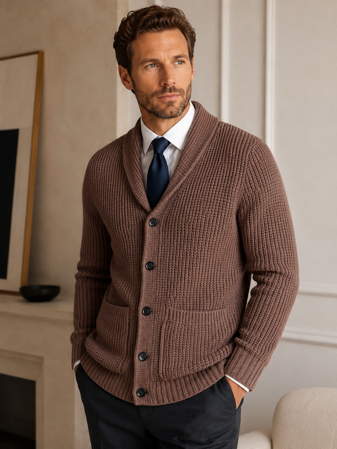 Shawl Collar Cardigan — Brown