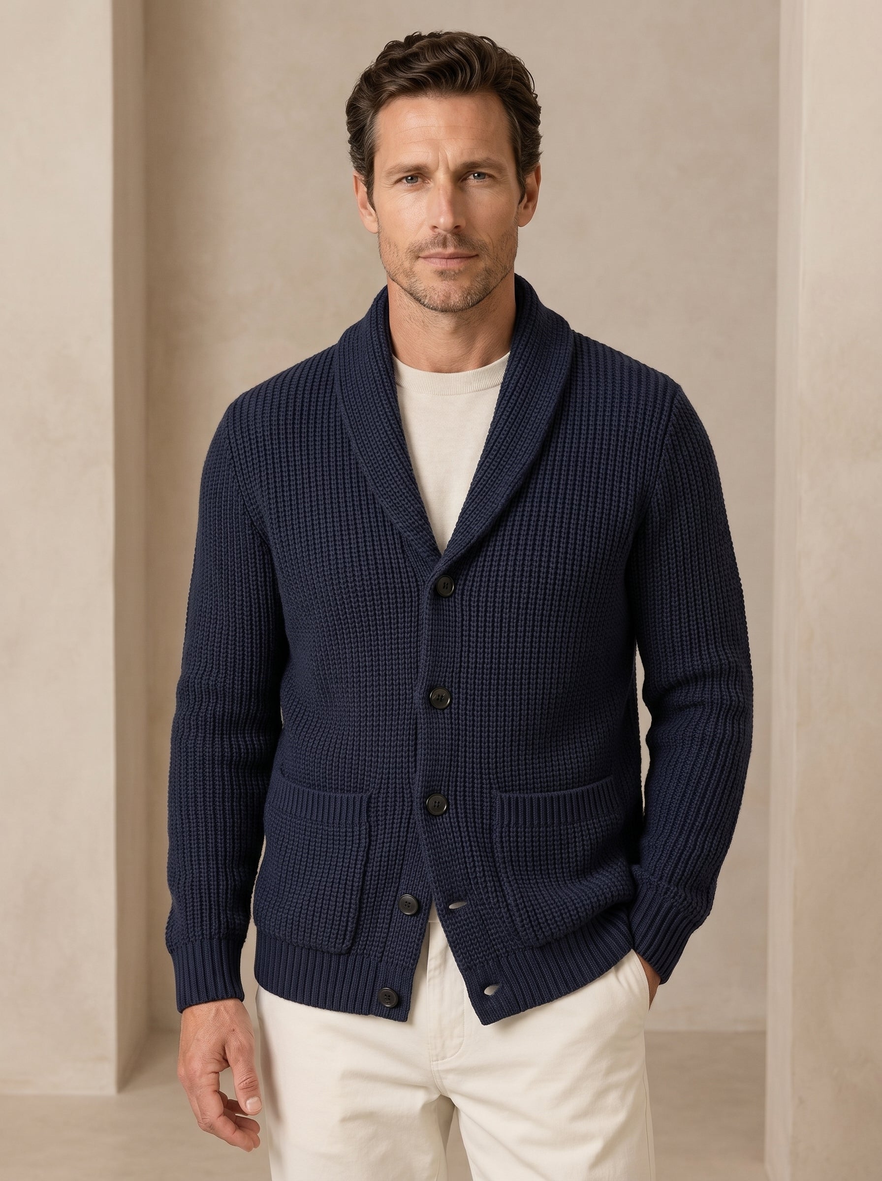 Shawl Collar Cardigan — Navy