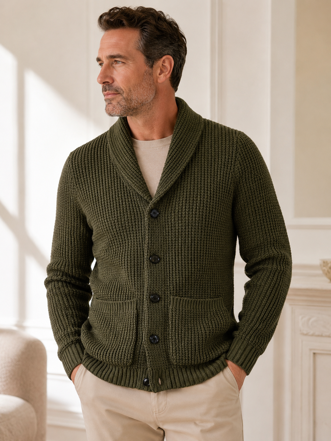 Shawl Collar Cardigan — Olive