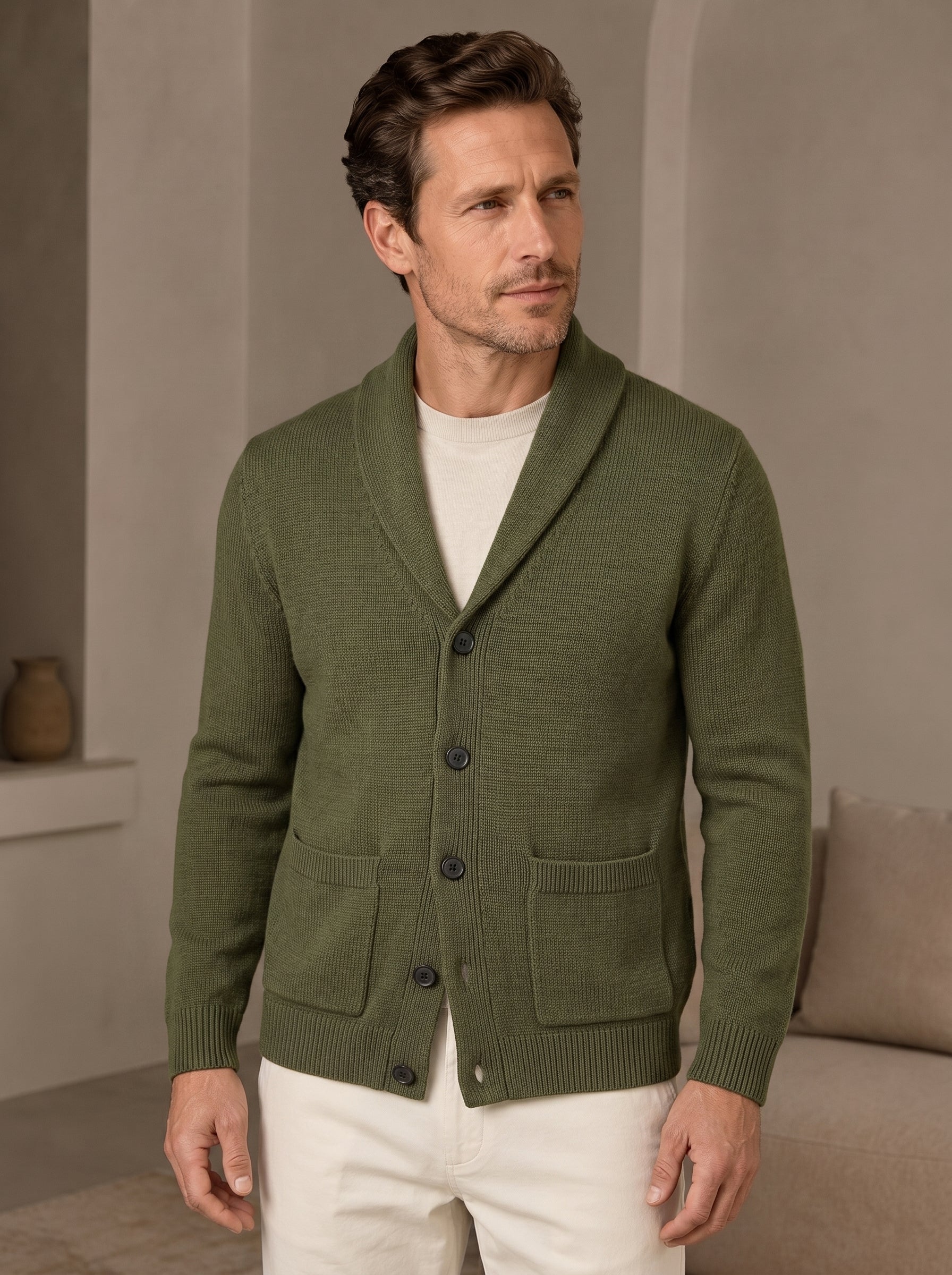 Shawl Collar Cardigan — Olive