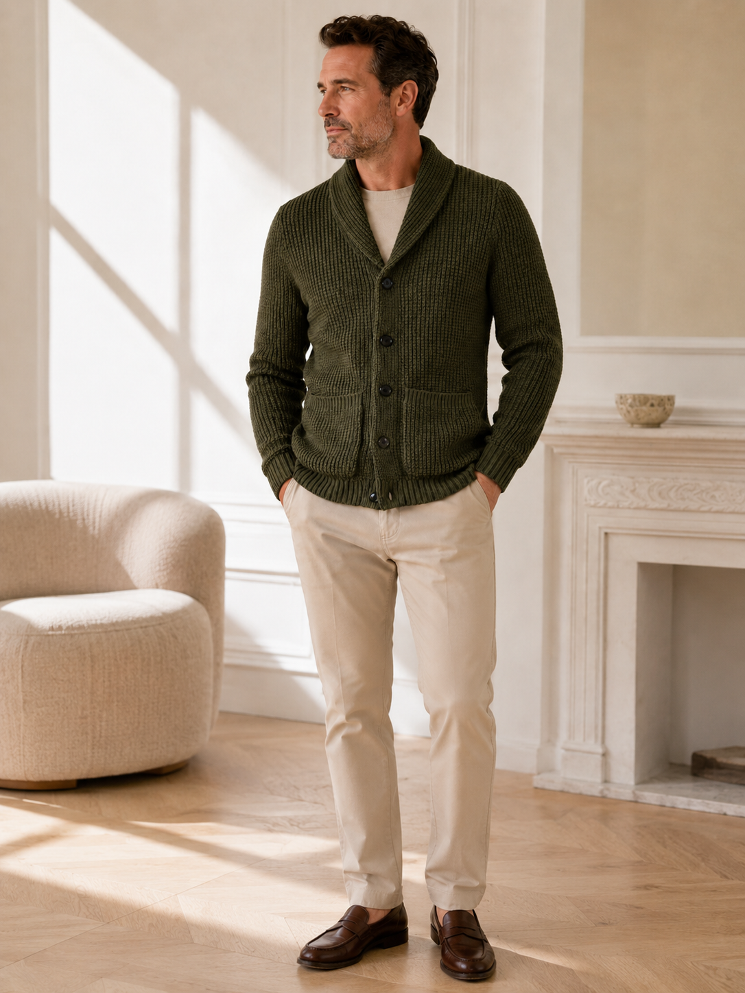 Shawl Collar Cardigan — Olive