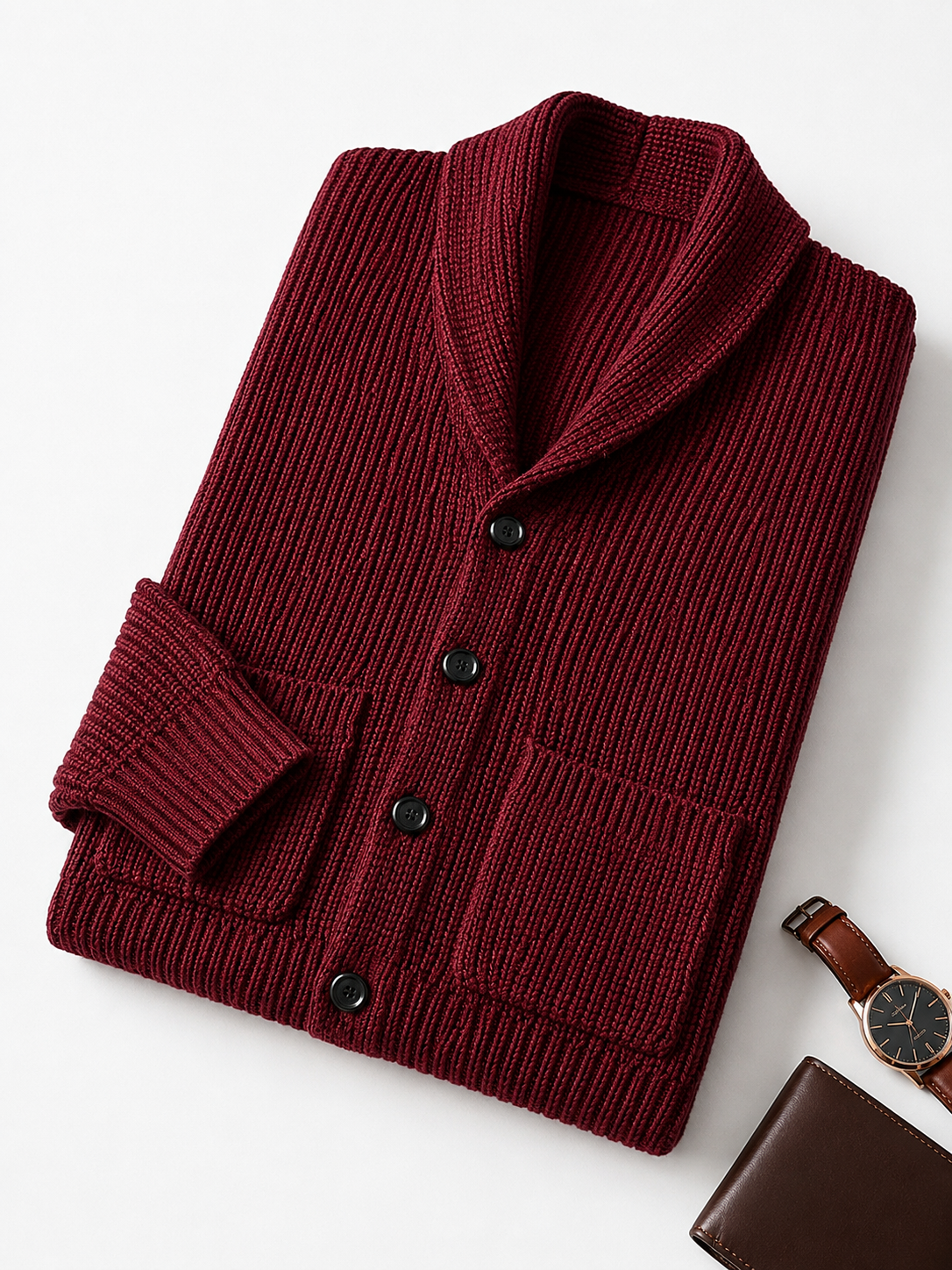 Shawl Collar Cardigan — Wine Red