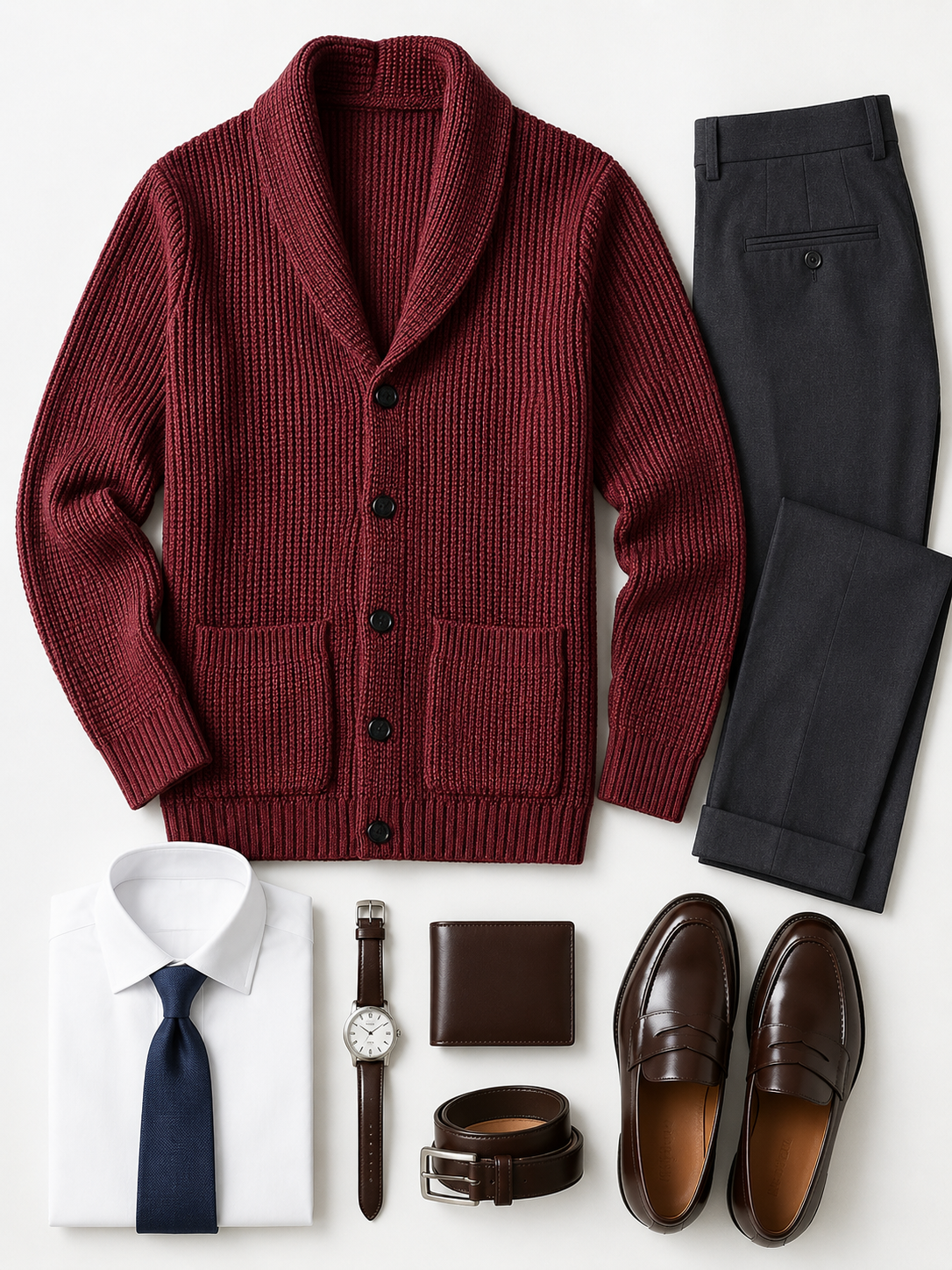 Shawl Collar Cardigan — Wine Red