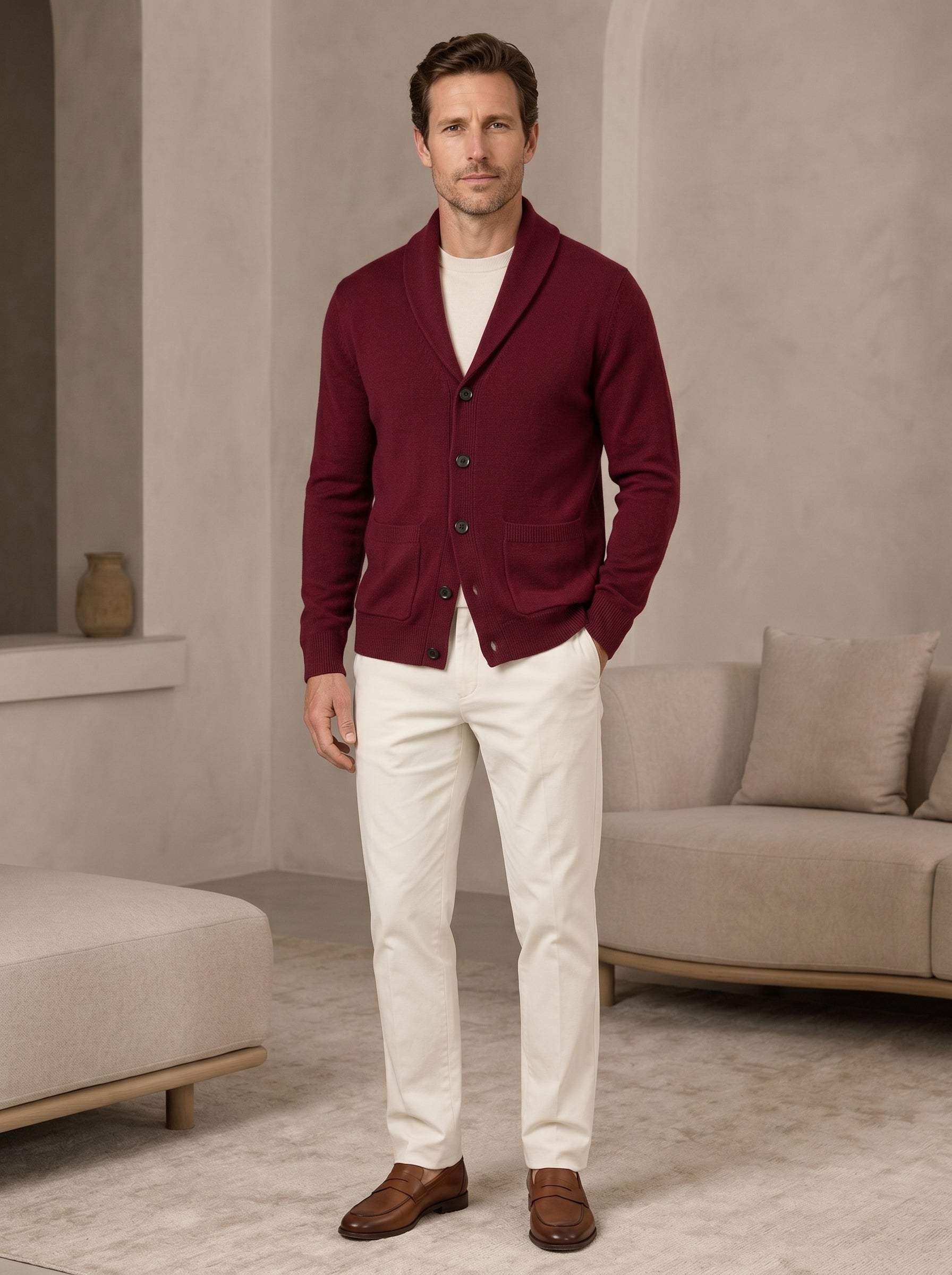 Shawl Collar Cardigan — Wine Red