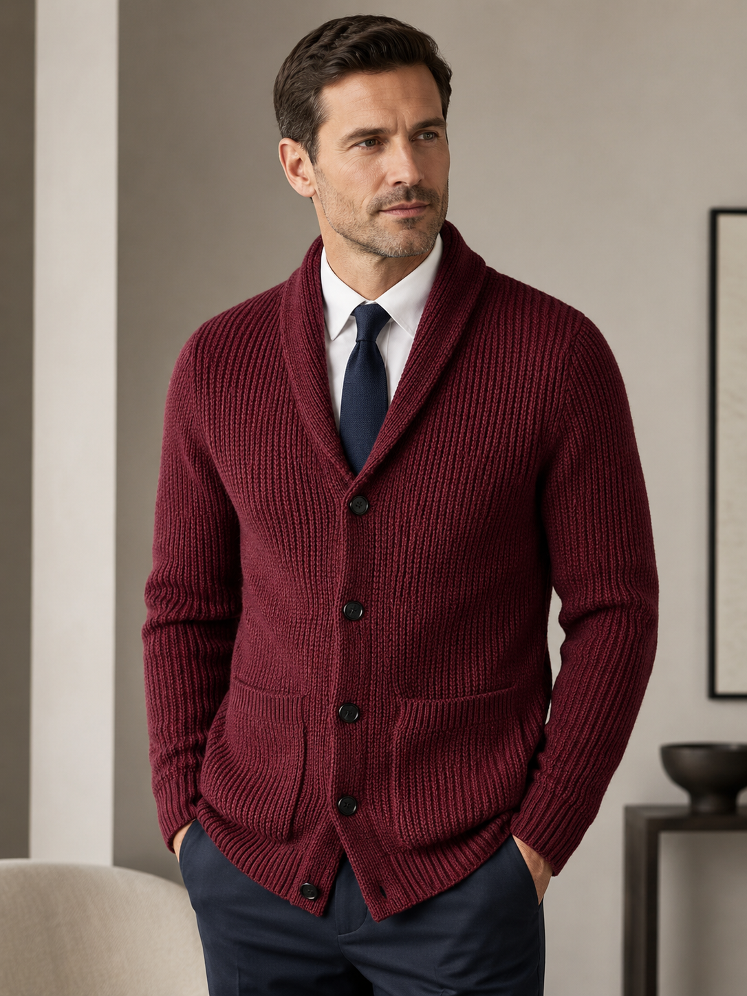 Shawl Collar Cardigan — Wine Red