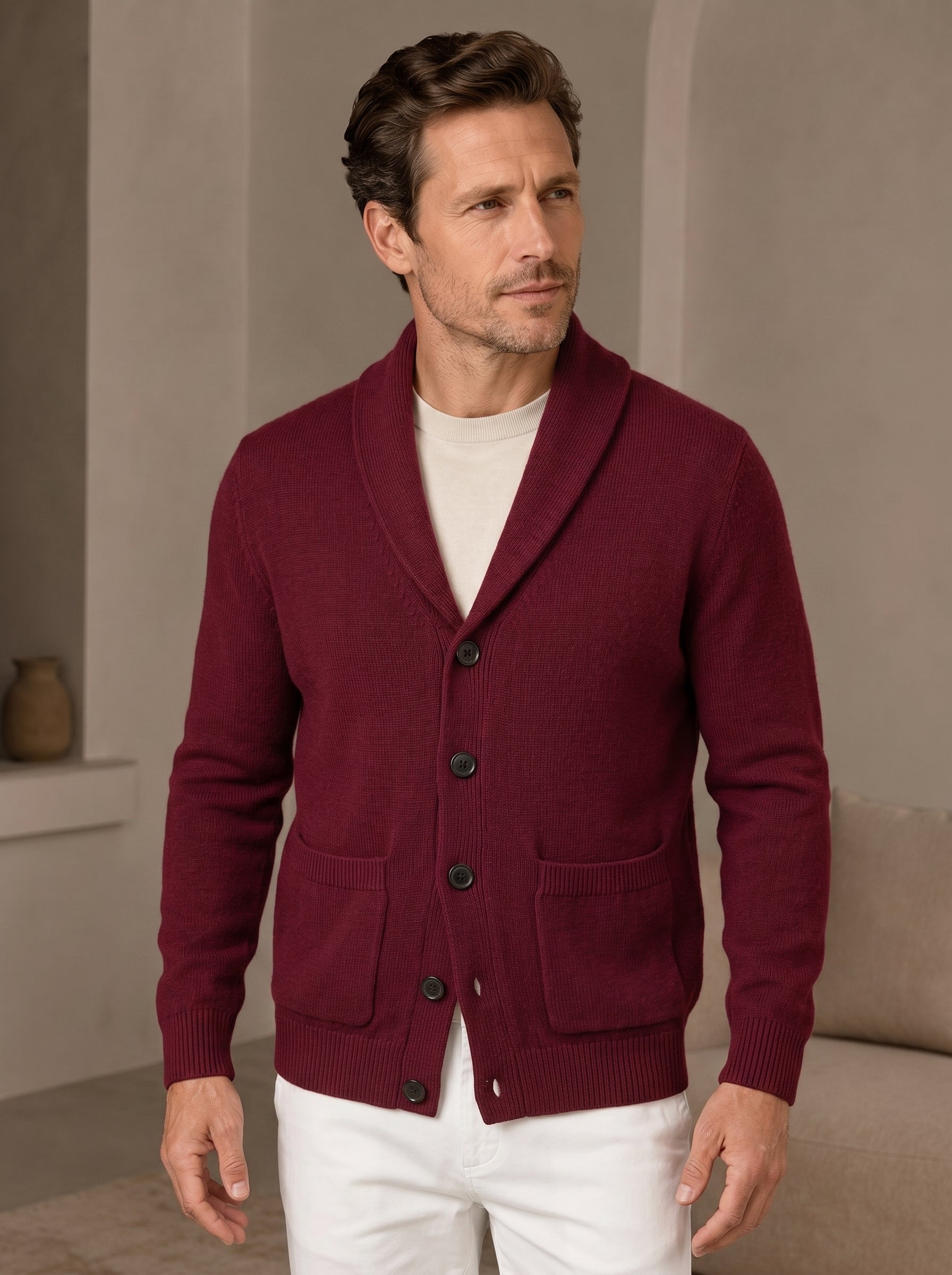 Shawl Collar Cardigan — Wine Red