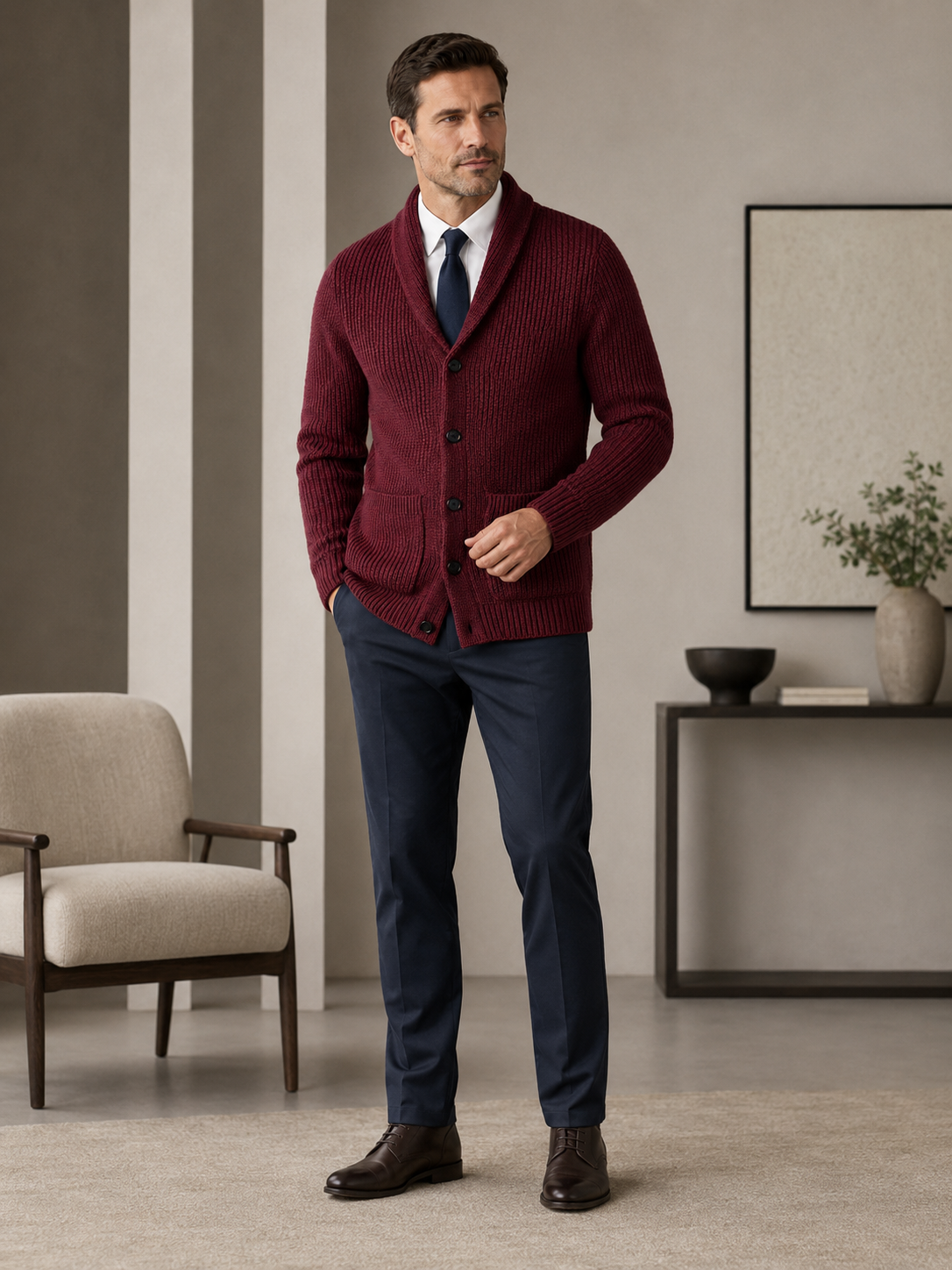 Shawl Collar Cardigan — Wine Red