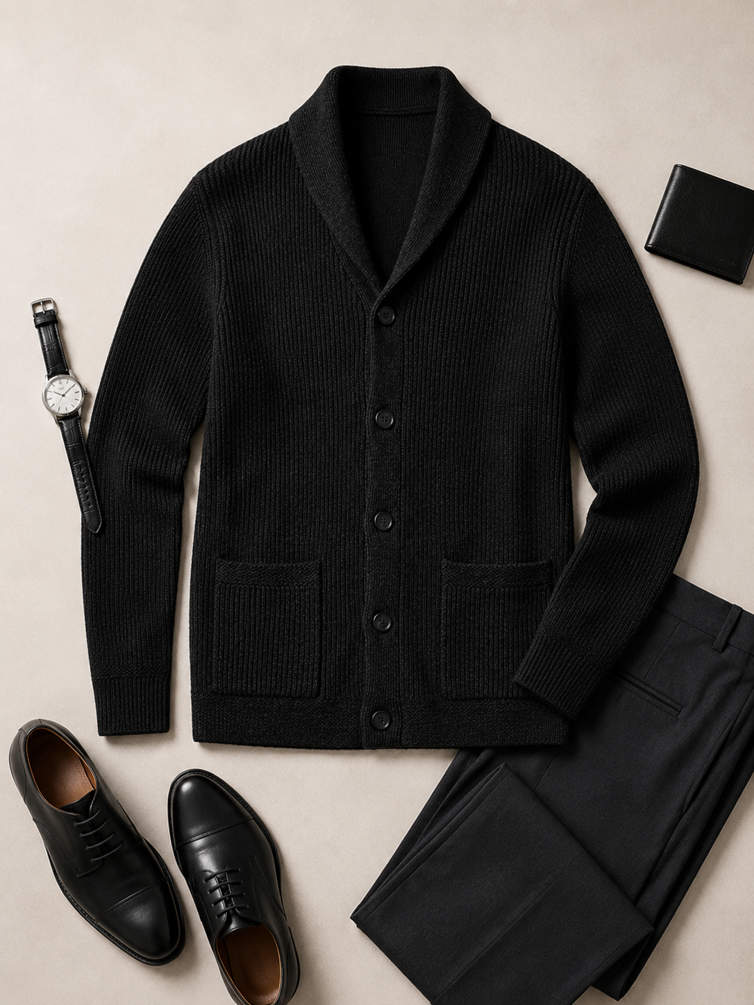 Cable Knit Shawl Collar Cardigan — Black