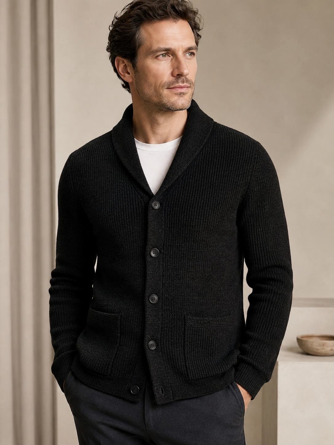 Cable Knit Shawl Collar Cardigan — Black