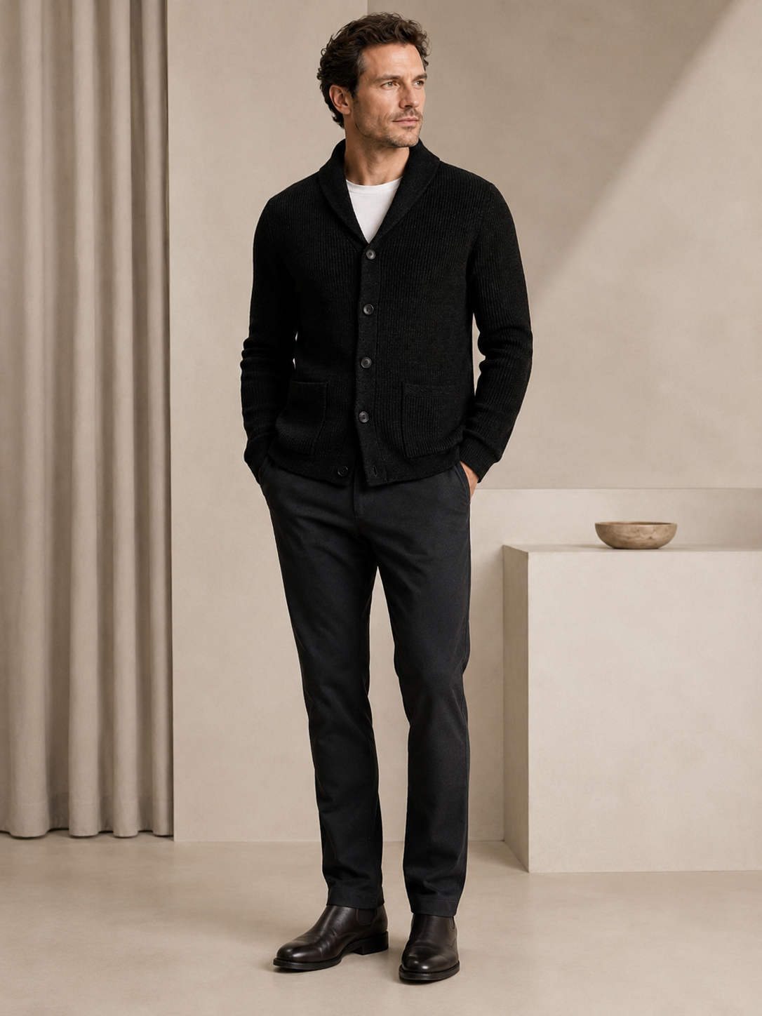 Cable Knit Shawl Collar Cardigan — Black