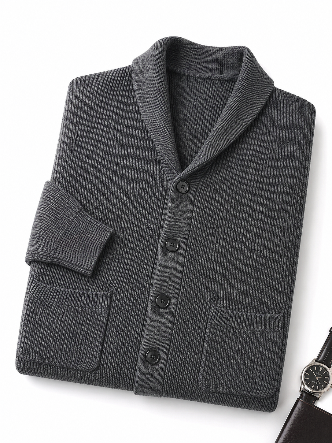 Cable Knit Shawl Collar Cardigan — Dark Grey