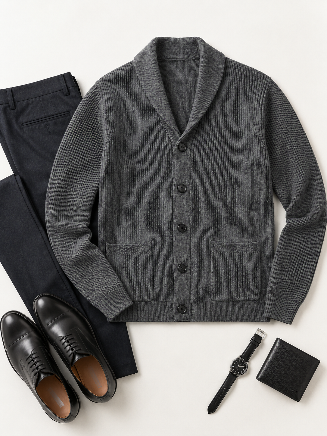 Cable Knit Shawl Collar Cardigan — Dark Grey