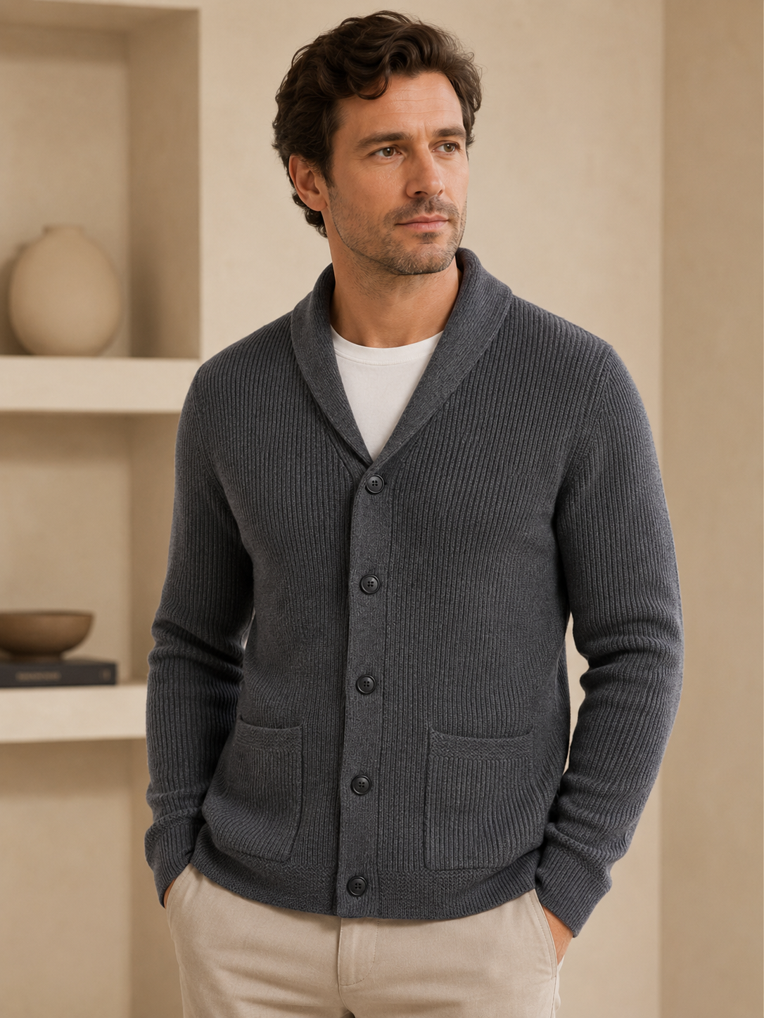 Cable Knit Shawl Collar Cardigan — Dark Grey