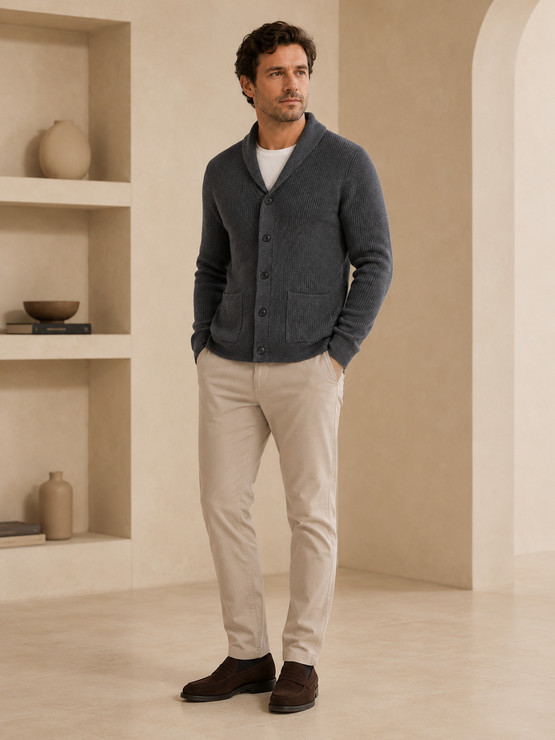 Cable Knit Shawl Collar Cardigan — Dark Grey