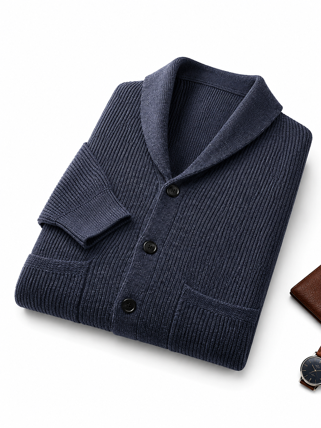 Cable Knit Shawl Collar Cardigan — Navy